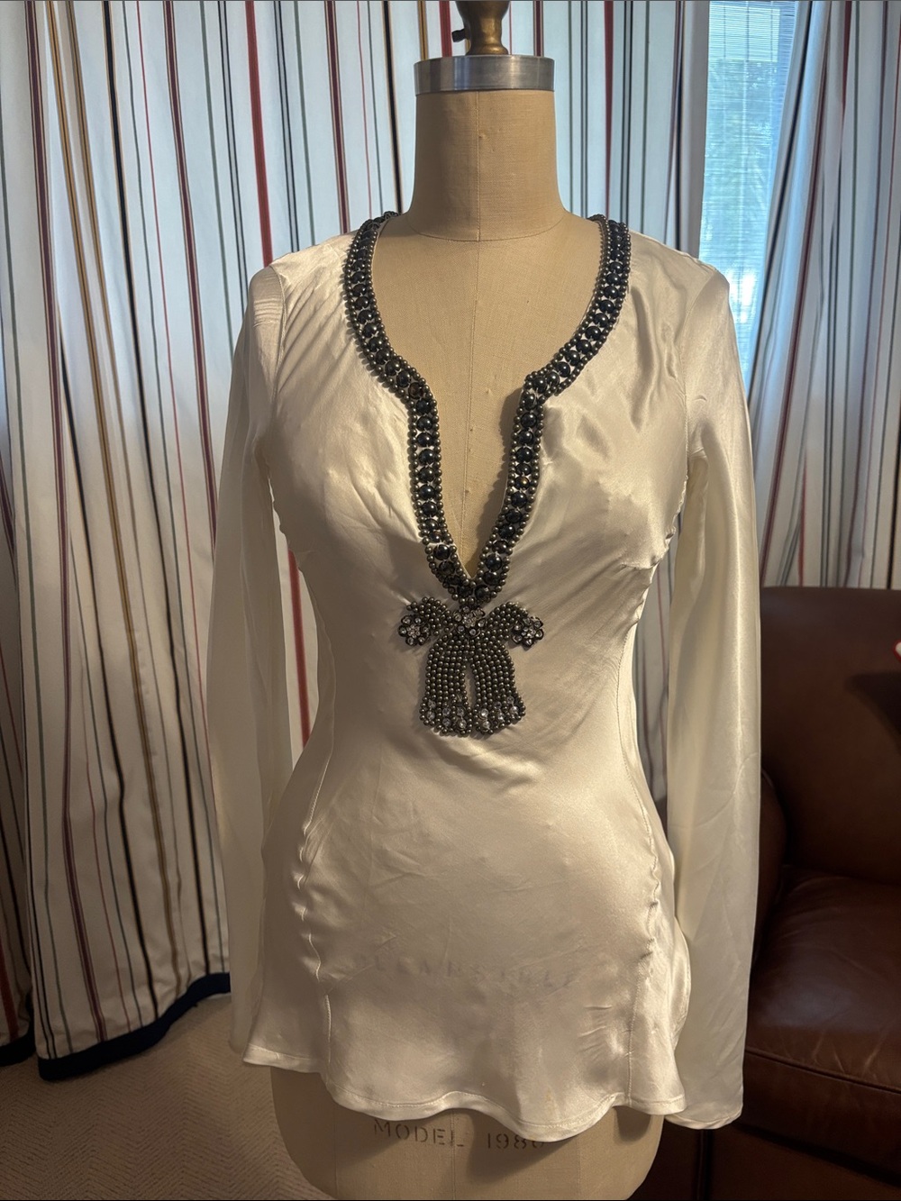 Embellished White Satin Long Sleeve Top